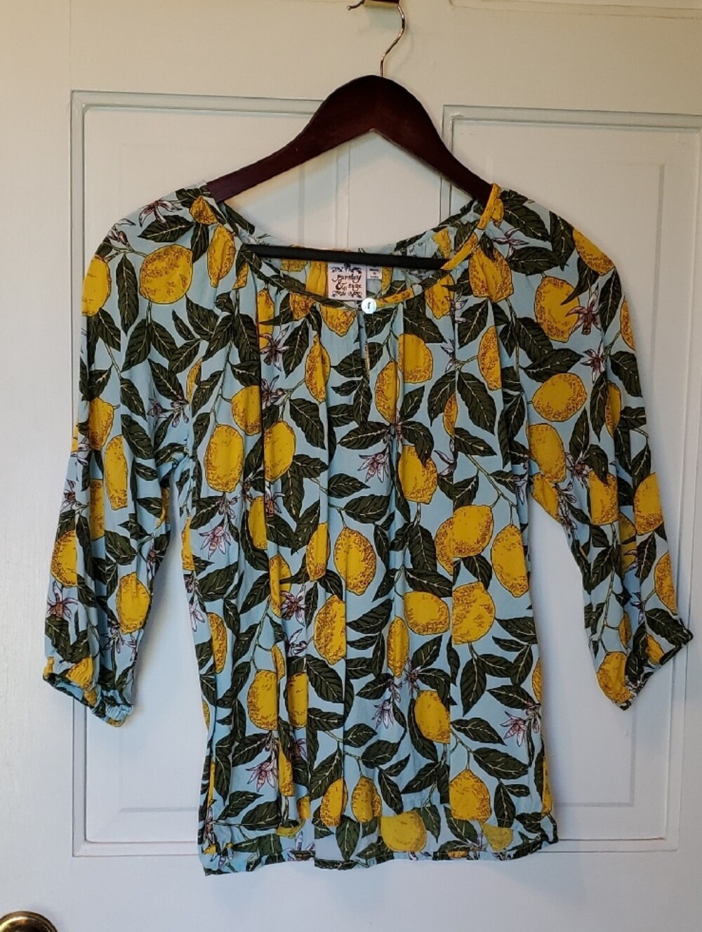 Parsley & Sage Light Blue Lemon-Print Peasant Blouse
